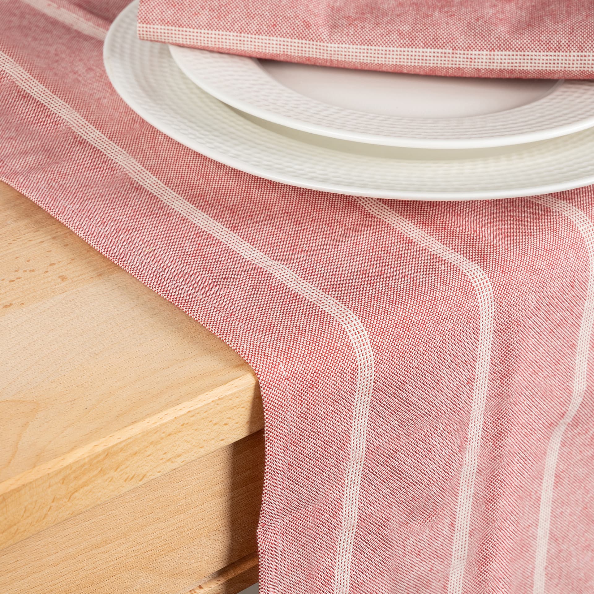 Camino de mesa de algod&oacute;n rojo a rayas 55x140cm