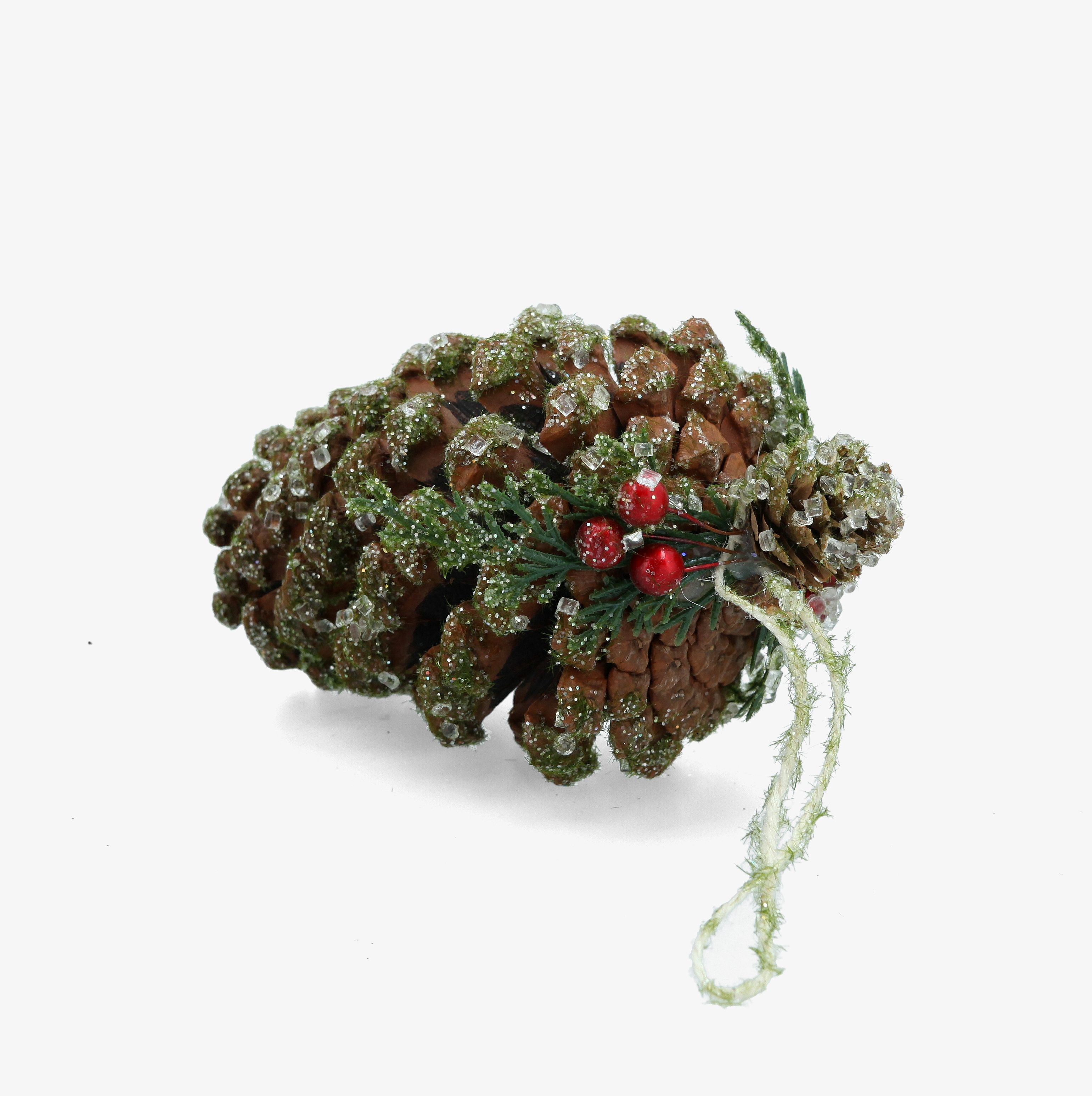 Colgante de pi&ntilde;a natural con purpurina verde 16cm