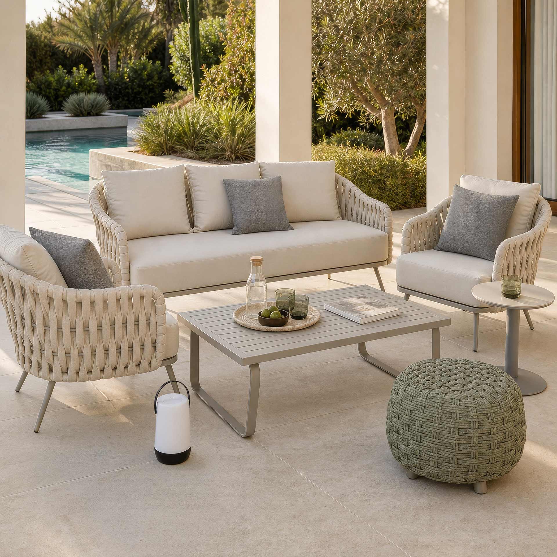 Set de jard&iacute;n de 4 piezas de aluminio y cuerda beige Portofino