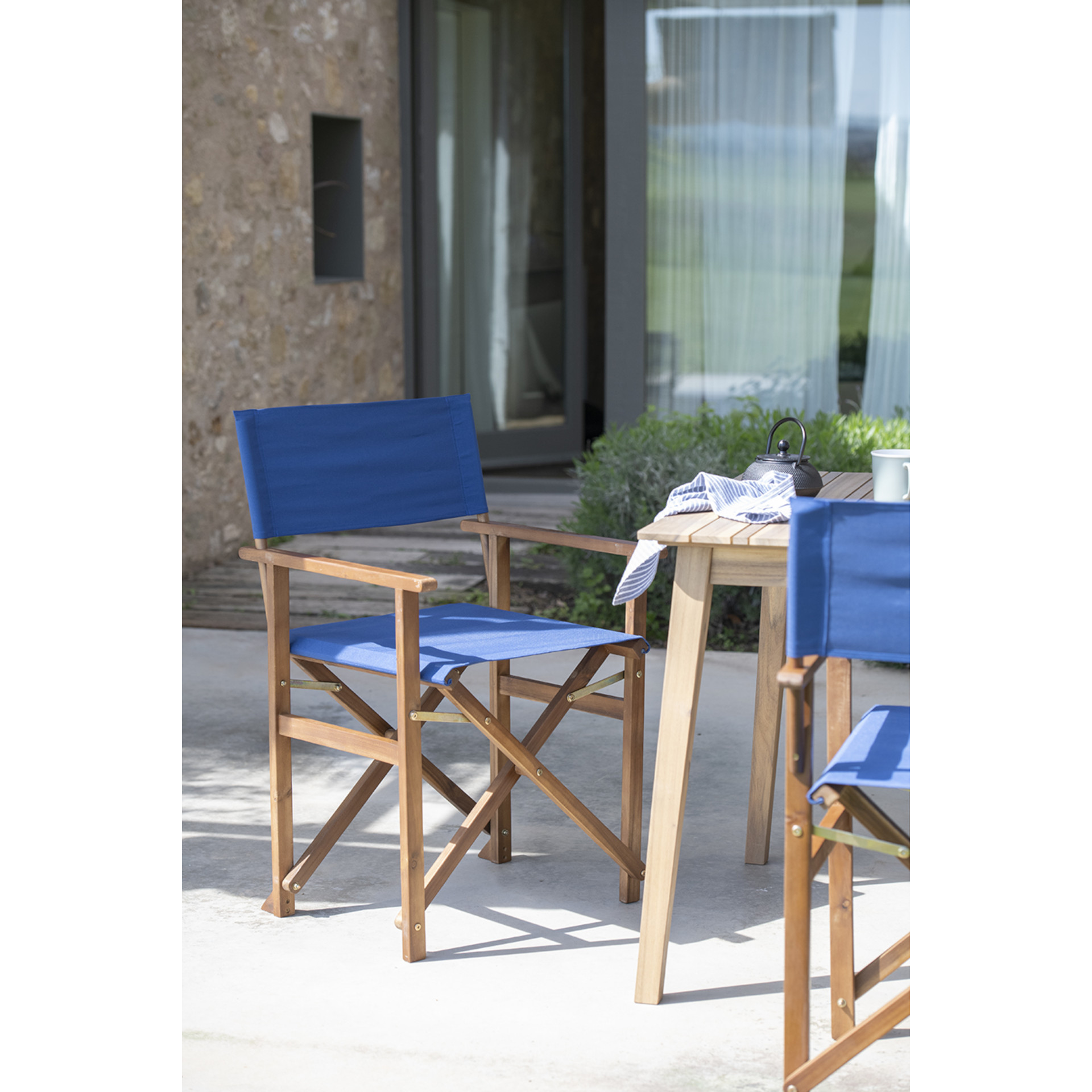 Silla plegable director de jardín azul de madera de acacia 90x56x52 cm