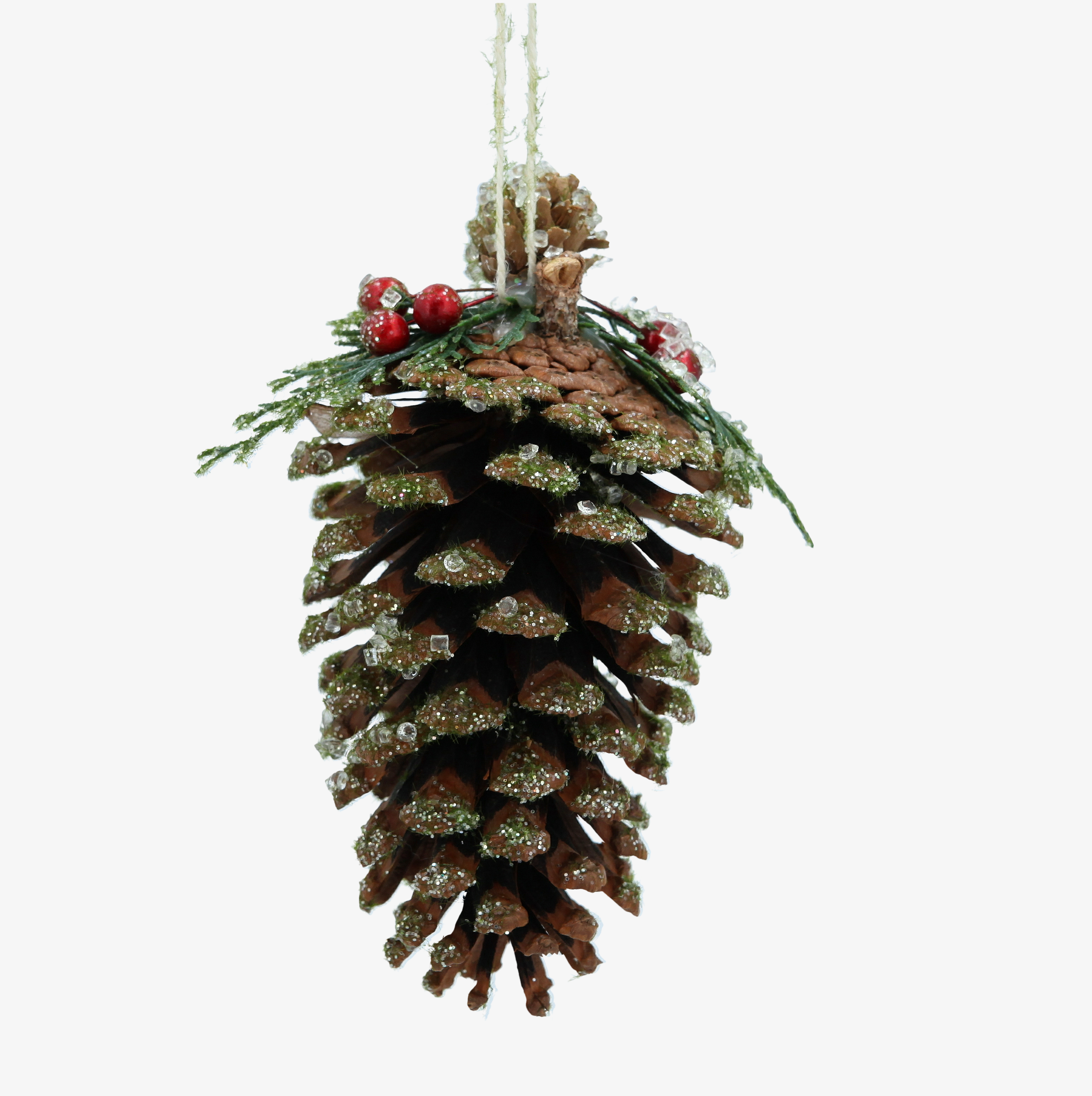 Colgante de pi&ntilde;a natural con purpurina verde 16cm