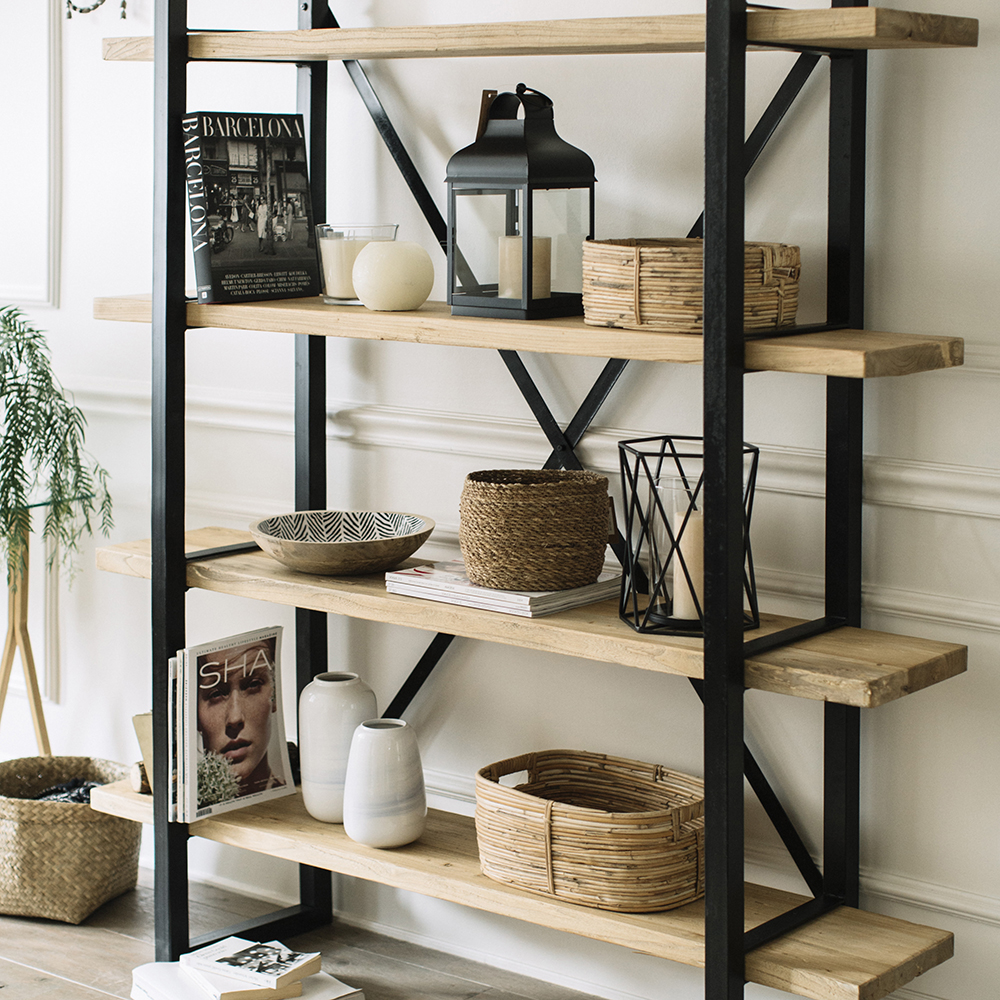 Estantería de madera de olmo reciclada con 4 estantes 150x35x180cm