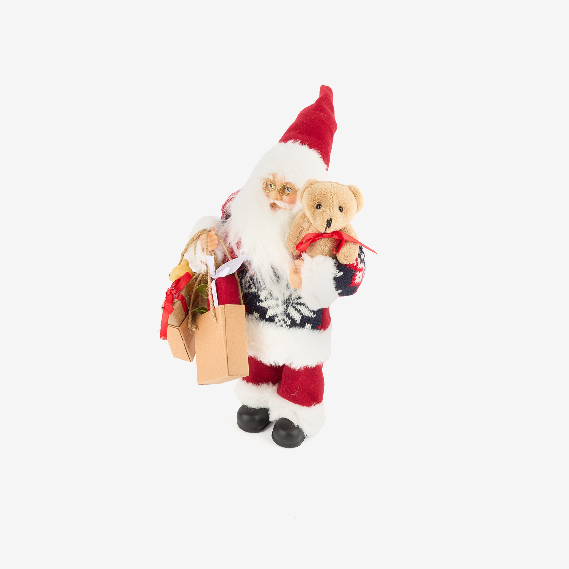 Figura decorativa Santa Claus con bolsa regalos y peluche 30cm