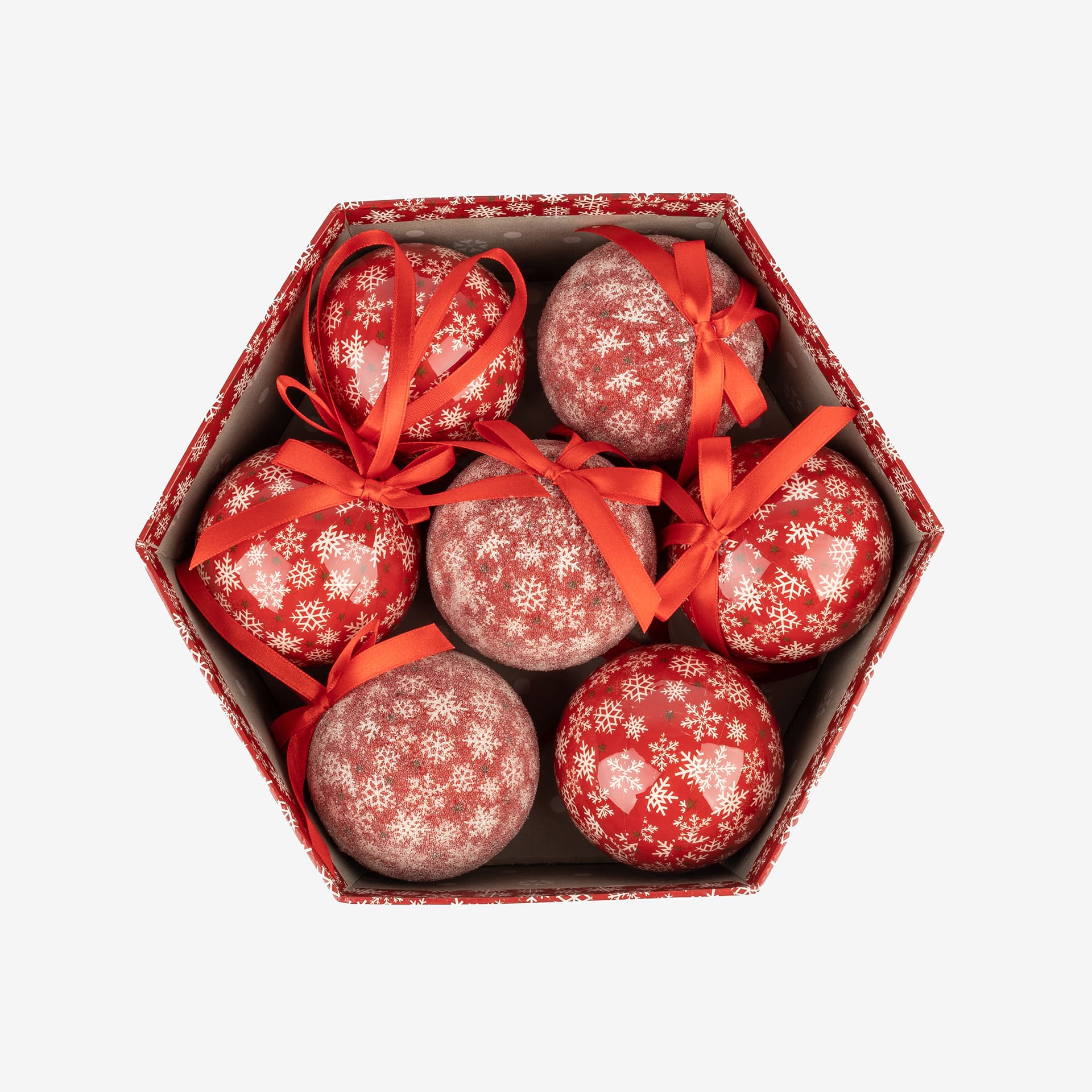 Set 7 bolas decorativas rojas copos de nieve 7,5cm