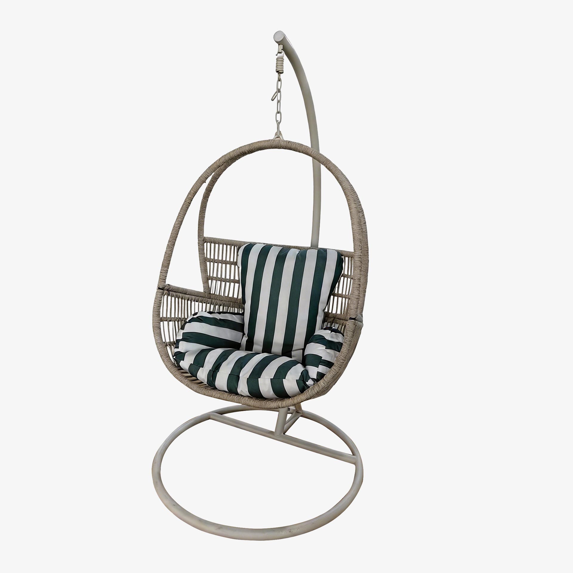 Sill&oacute;n colgante de jard&iacute;n con coj&iacute;n a rayas verde y blanco