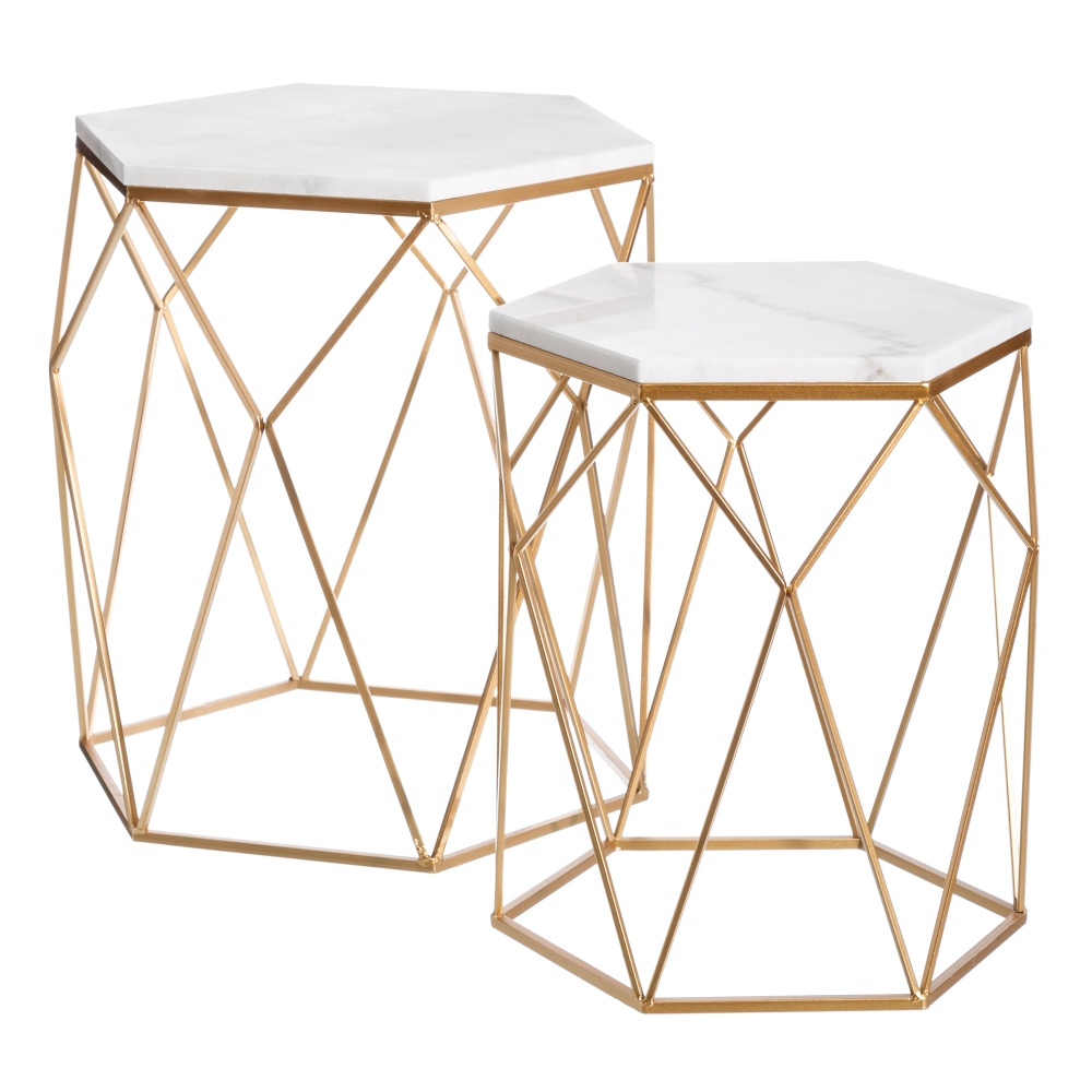 Set de 2 mesas auxiliares de m&aacute;rmol doradas &Oslash;55/45cm
