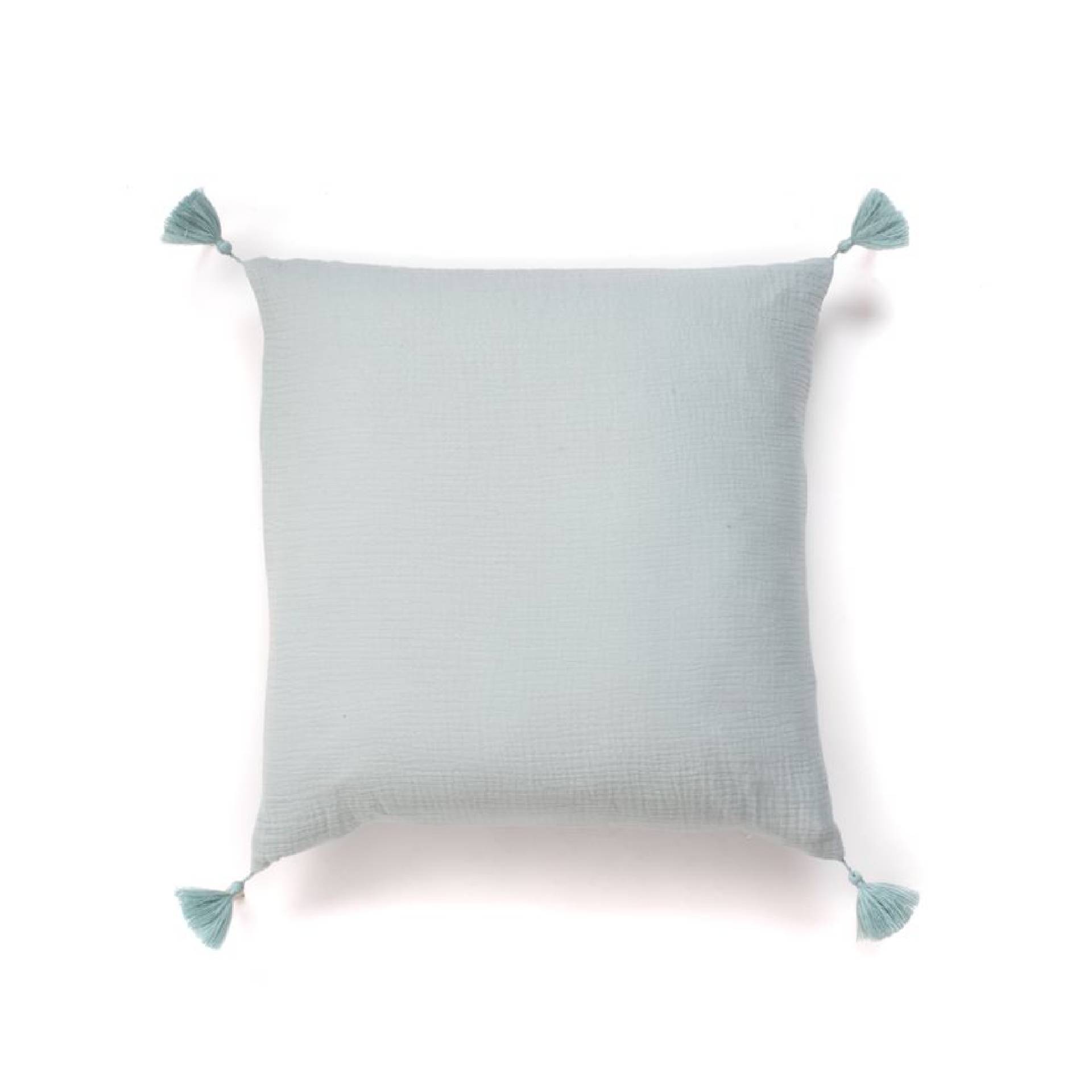 Coj&iacute;n de algod&oacute;n verde agua Borlas 45x45cm