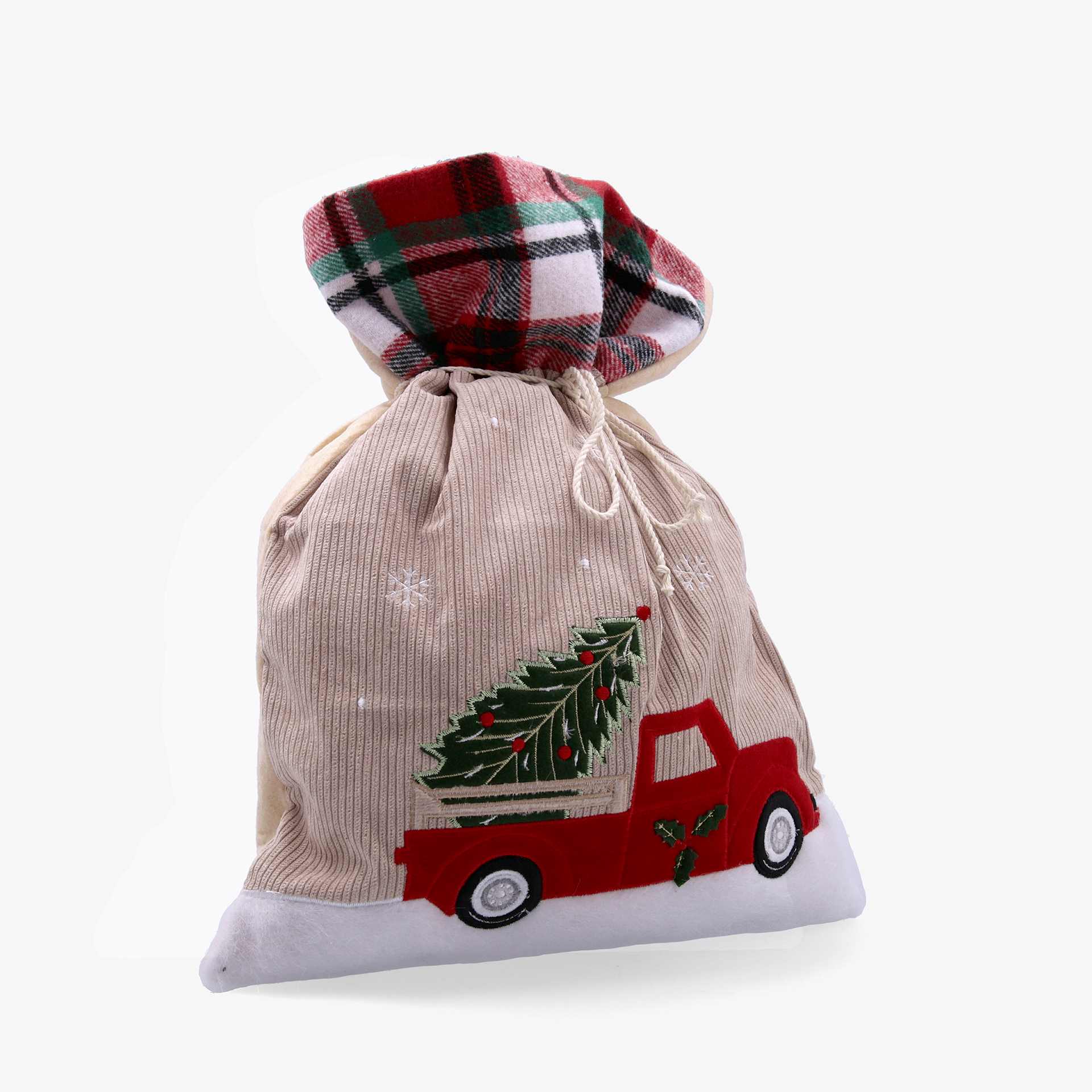 Saco de regalos de Navidad beige y tartán 42cm