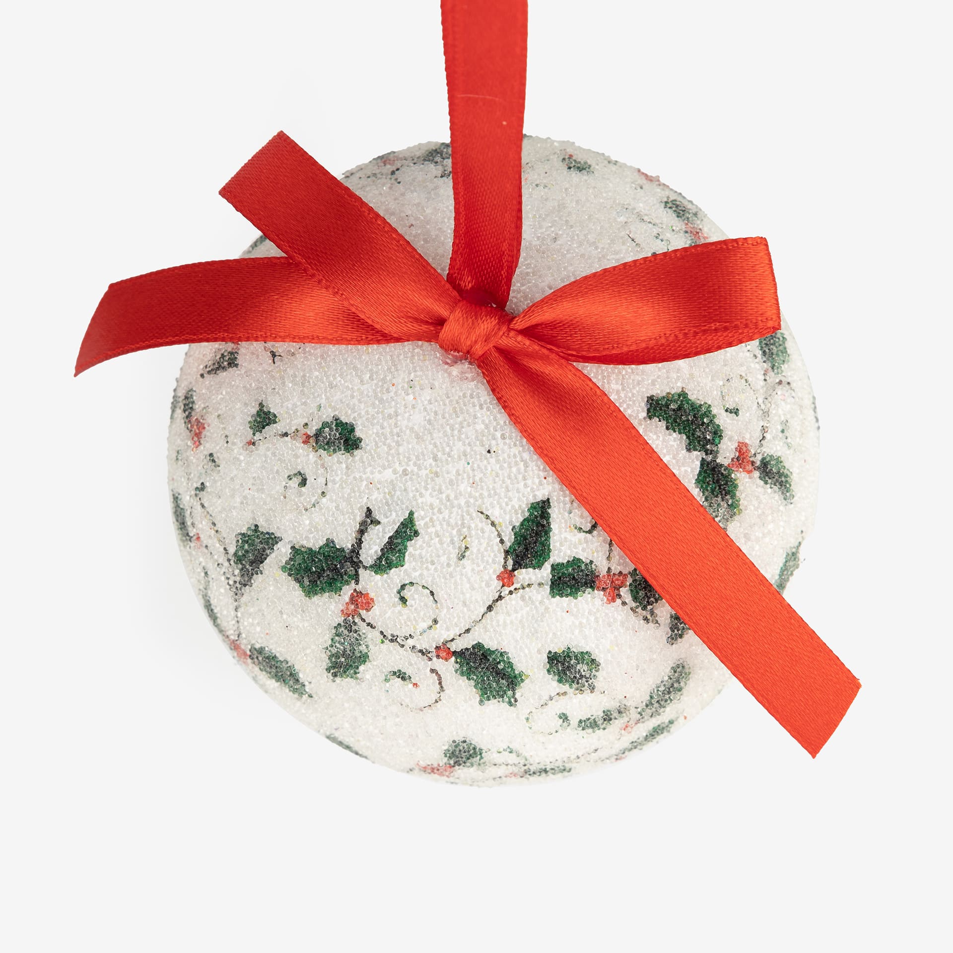 Set 6 bolas blancas de acebo con frutos rojos 7cm