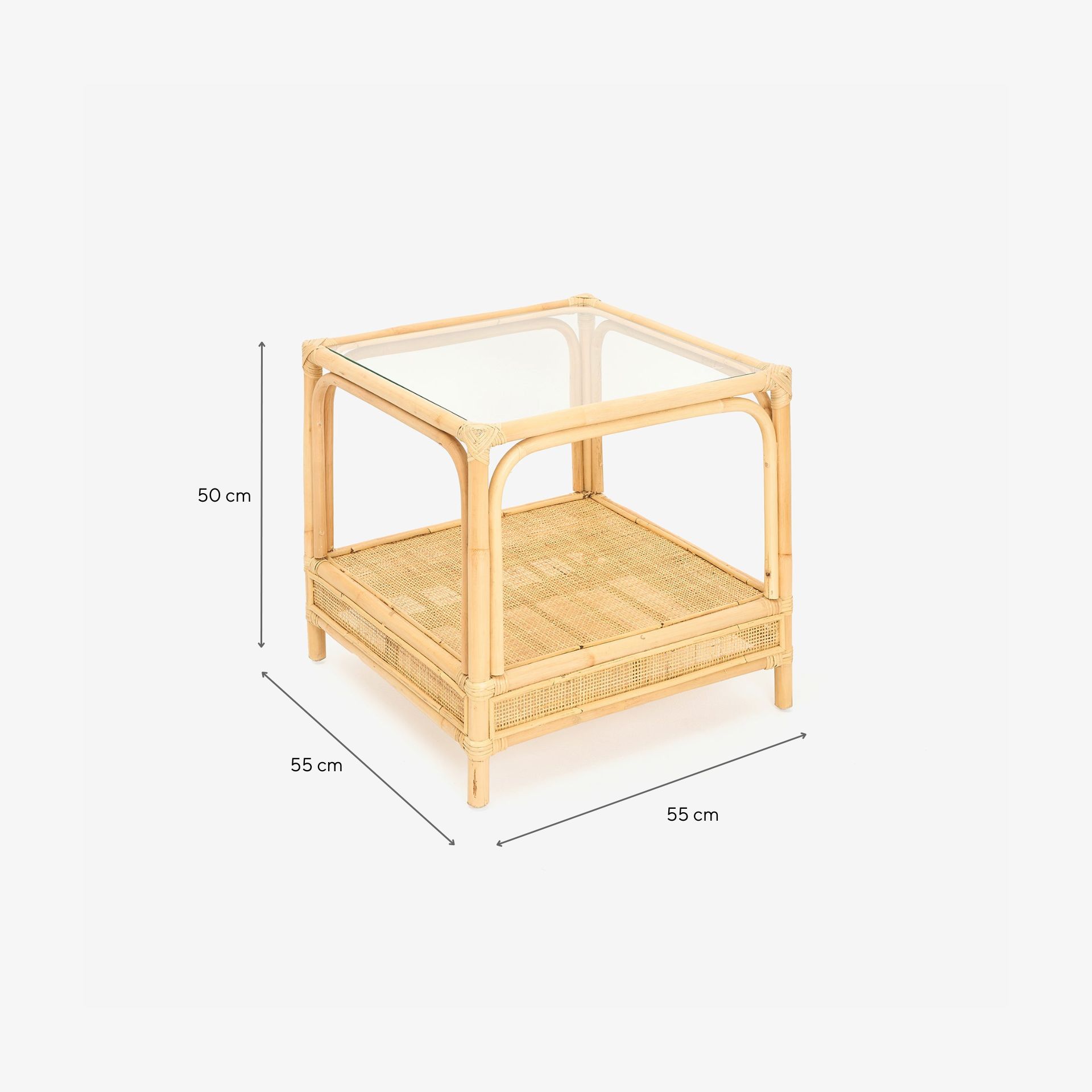 Mesa auxiliar de ratán y cristal Corvo 55x55x50cm