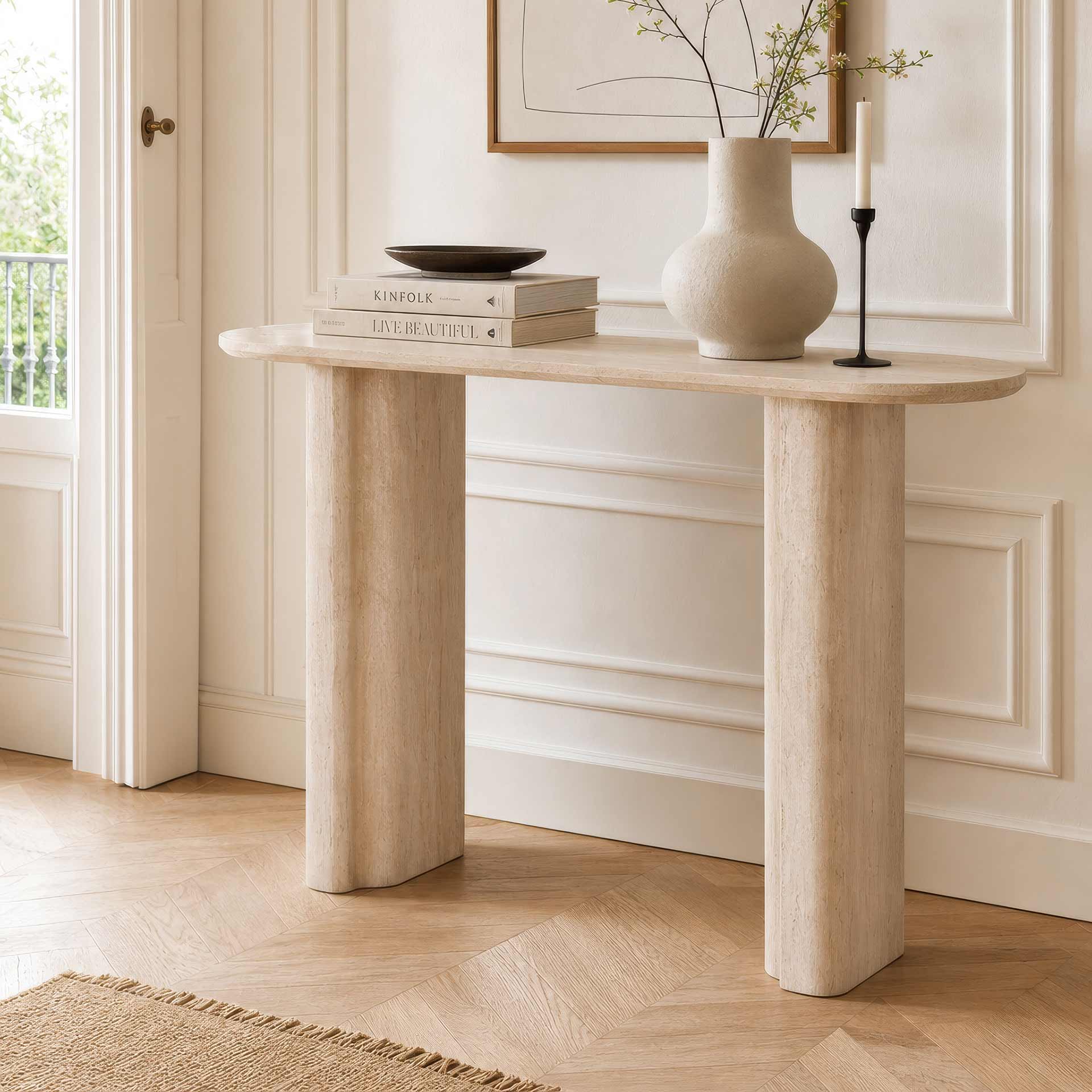 Consola de madera efecto travertino Elva 110x35x80cm
