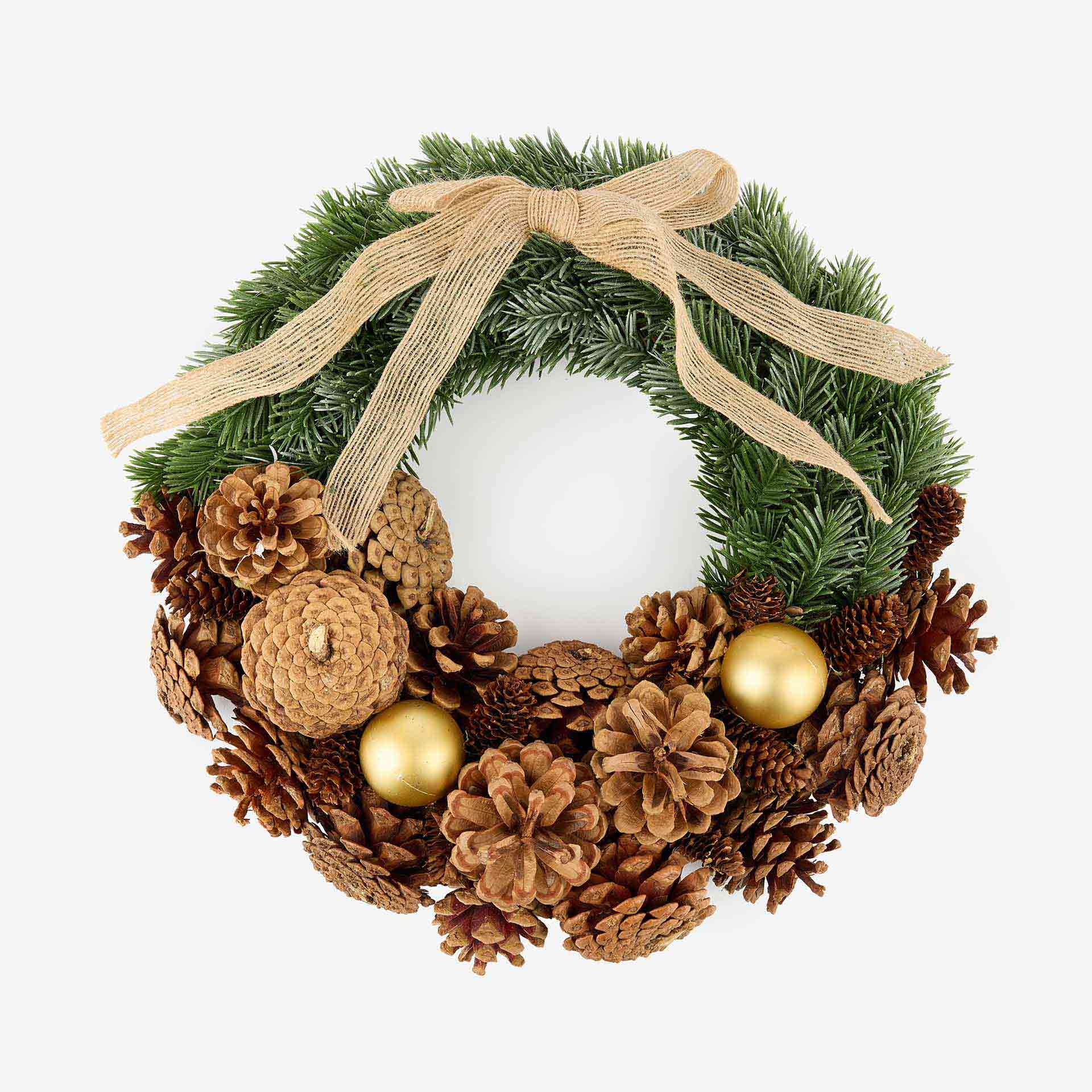 Corona decorativa con piñas y lazo dorado Ø34cm