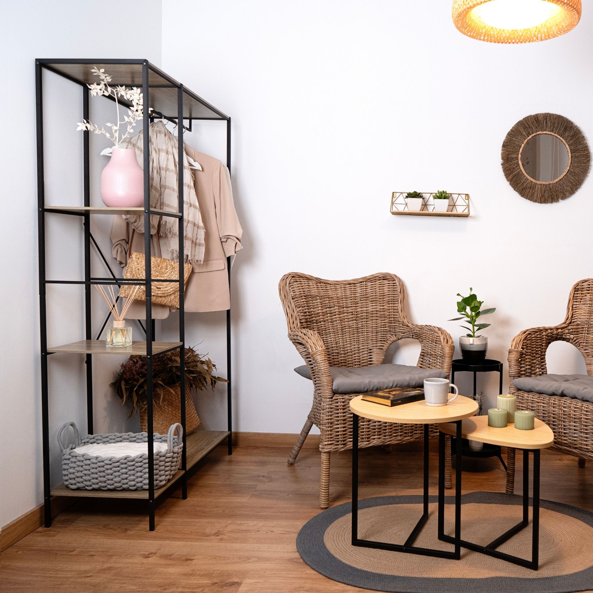 Estantería con perchero de acero y madera MDF Bruno 90x40x165cm