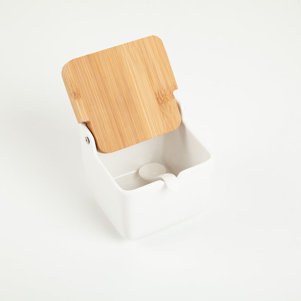 Azucarero cerámica con tapa bambú 8x8x8