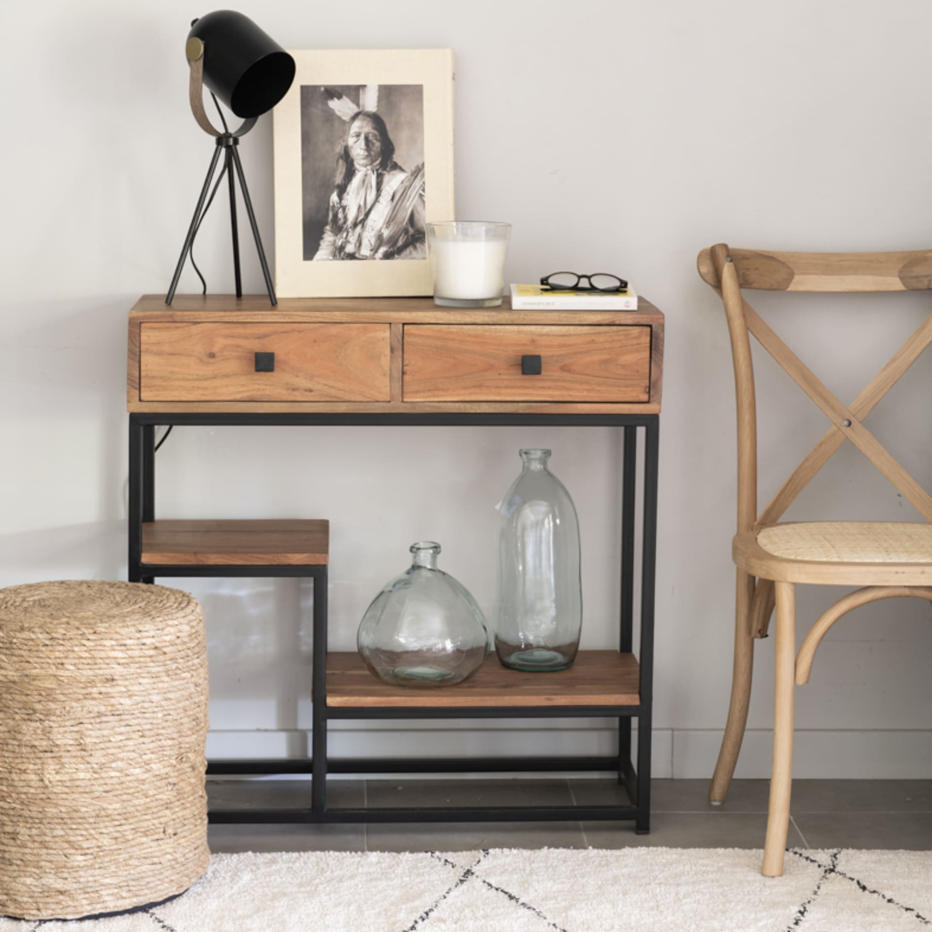 Consola de madera acacia con dos cajones y estantes Bremen 80x30x81cm