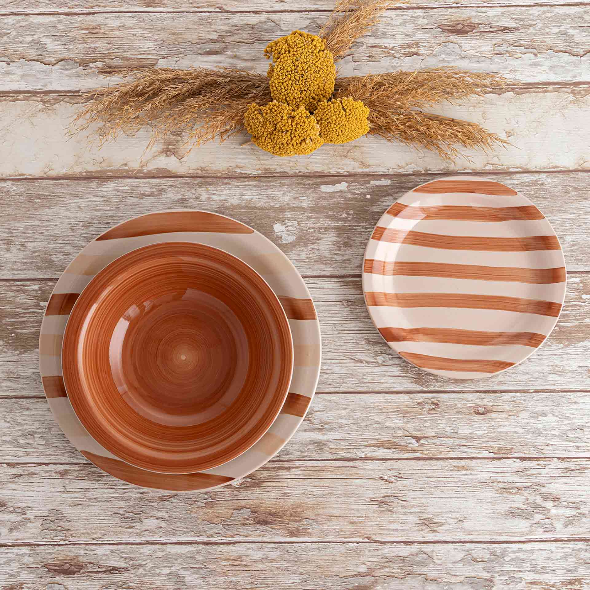 Vajilla de 18 piezas cer&aacute;mica marr&oacute;n y  beige Crema Aegea