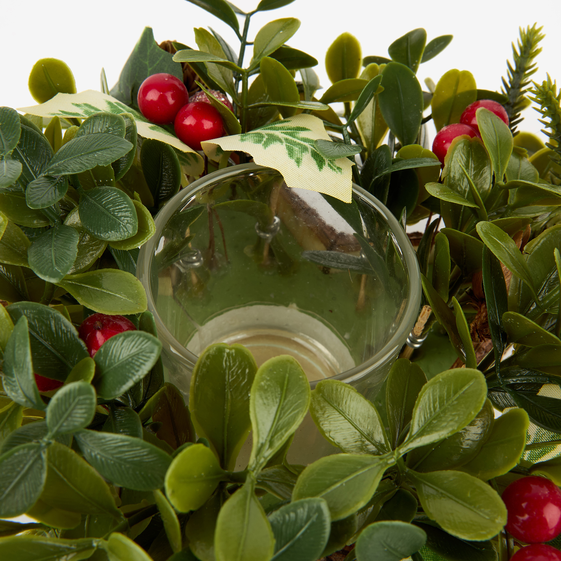 Portavelas de acebo y piñas Ø18x8cm