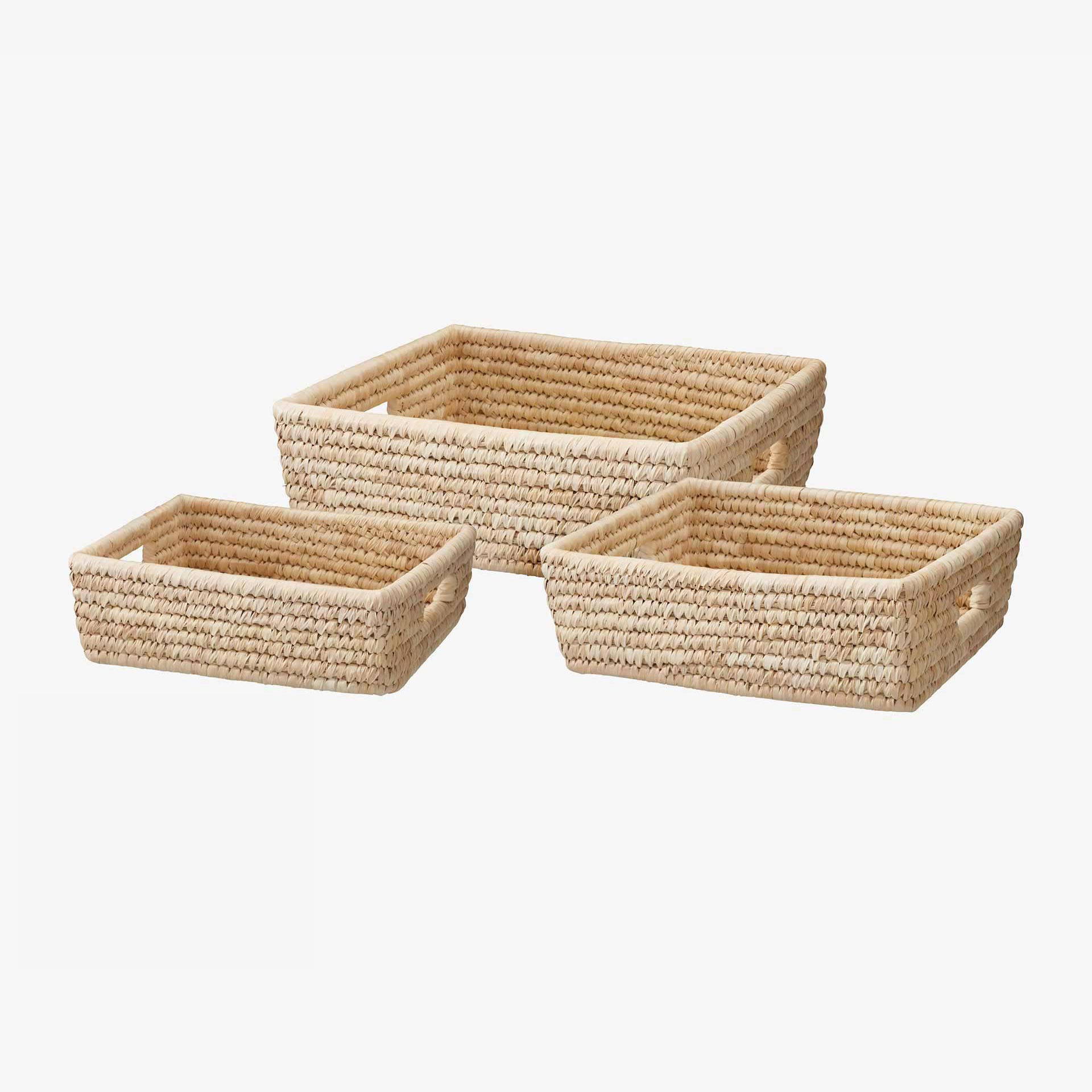 Set de 3 cestas rectangulares de fibra natural marr&oacute;n con asas