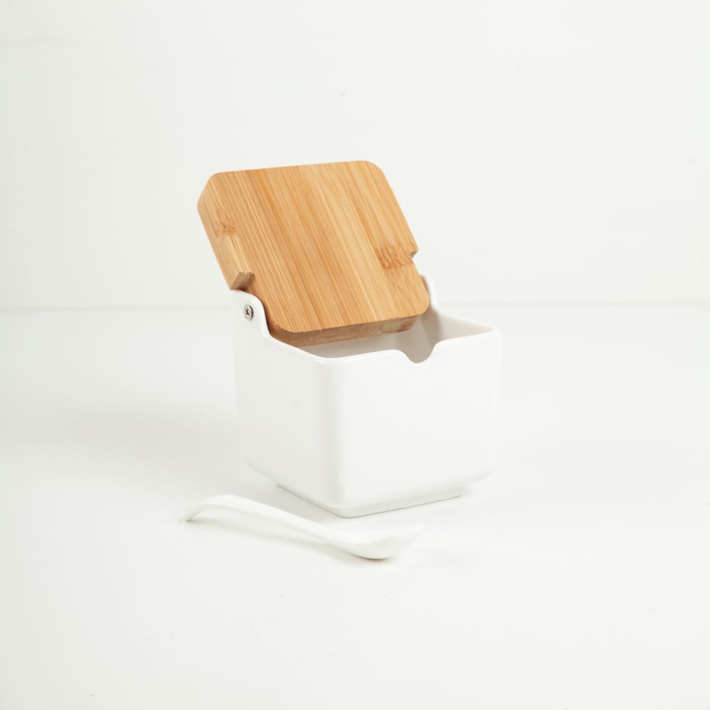 Azucarero cerámica con tapa bambú 8x8x8