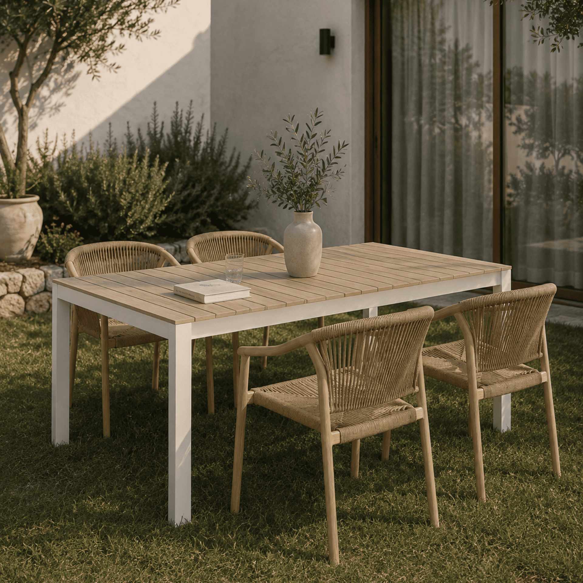 Mesa de jard&iacute;n extensible de aluminio blanco con efecto madera Albir 135/270x90x76cm