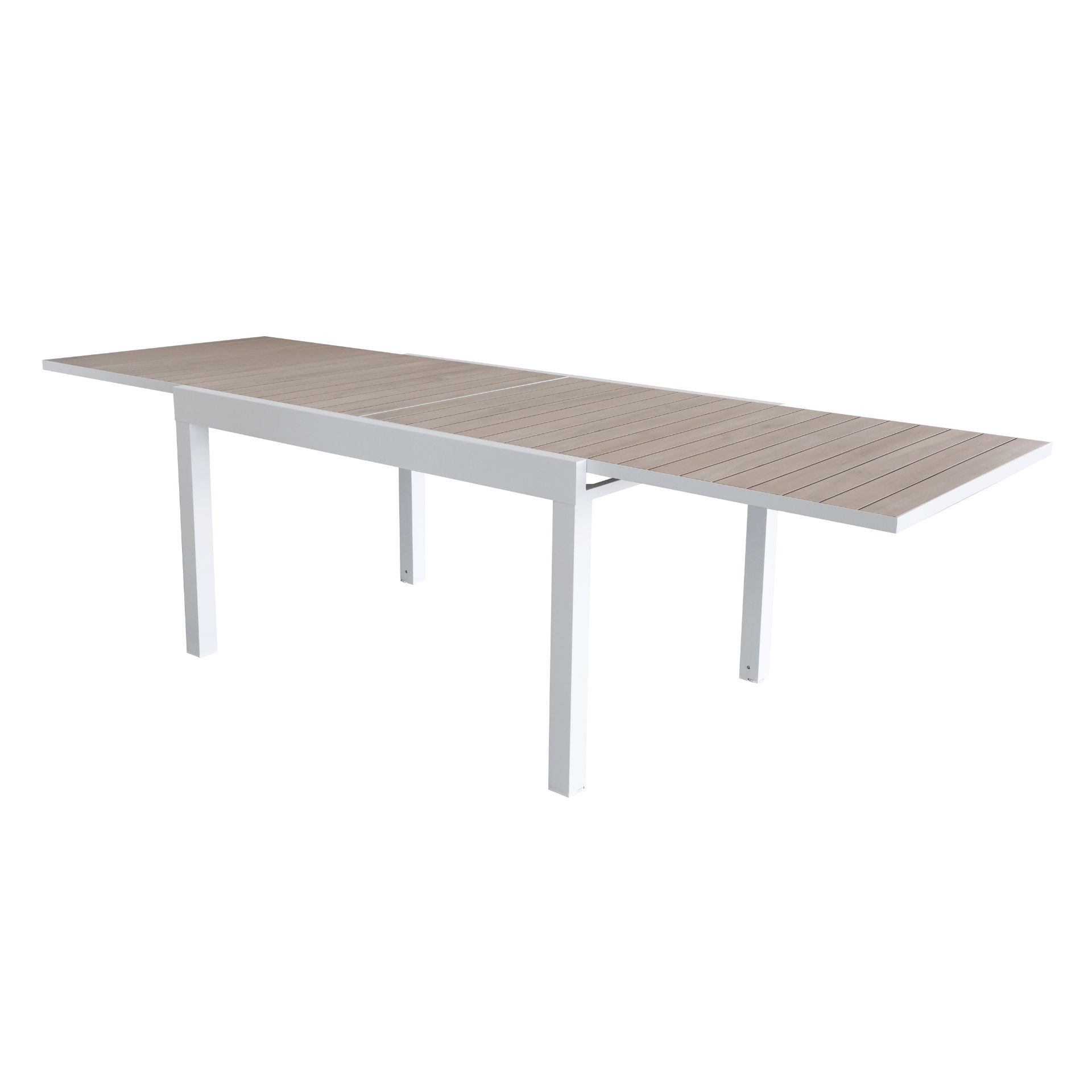 Mesa de jardín extensible de aluminio blanco con efecto madera Albir 135/270x90x76cm