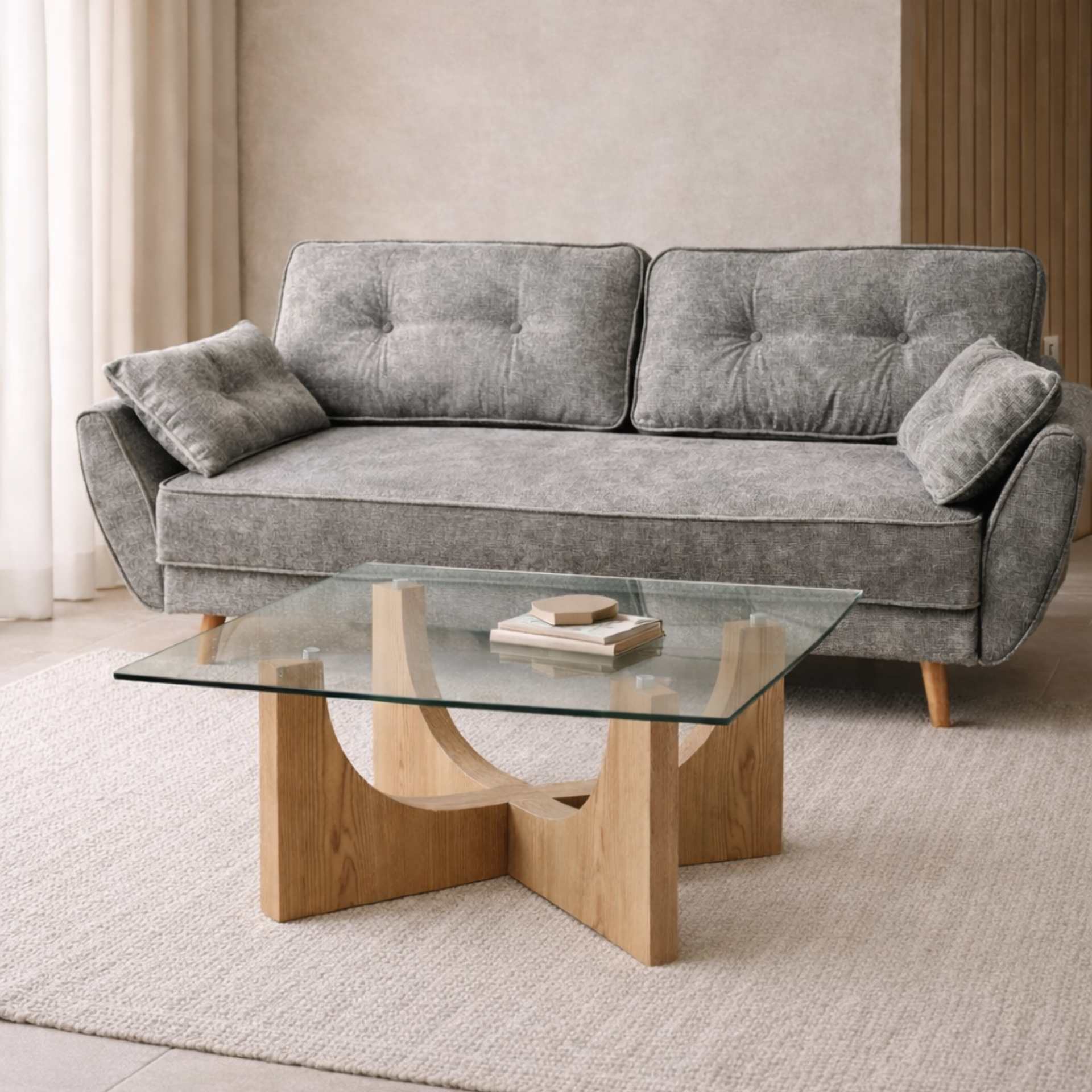 Mesa de centro de cristal y madera DM Mil&aacute;n 85x85x45cm