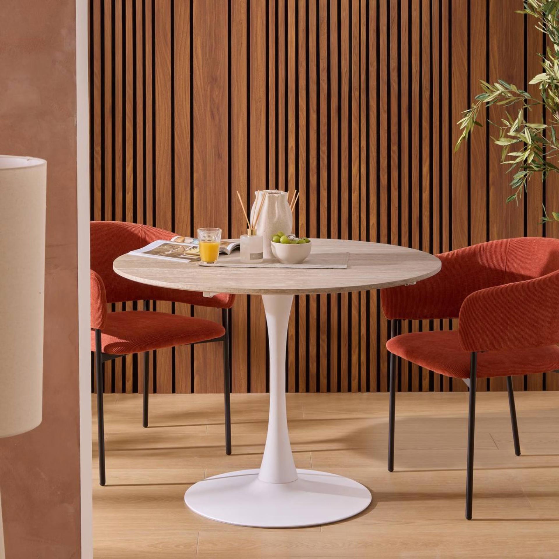 Mesa de comedor blanca de madera efecto travertino Joran &Oslash;102cm 