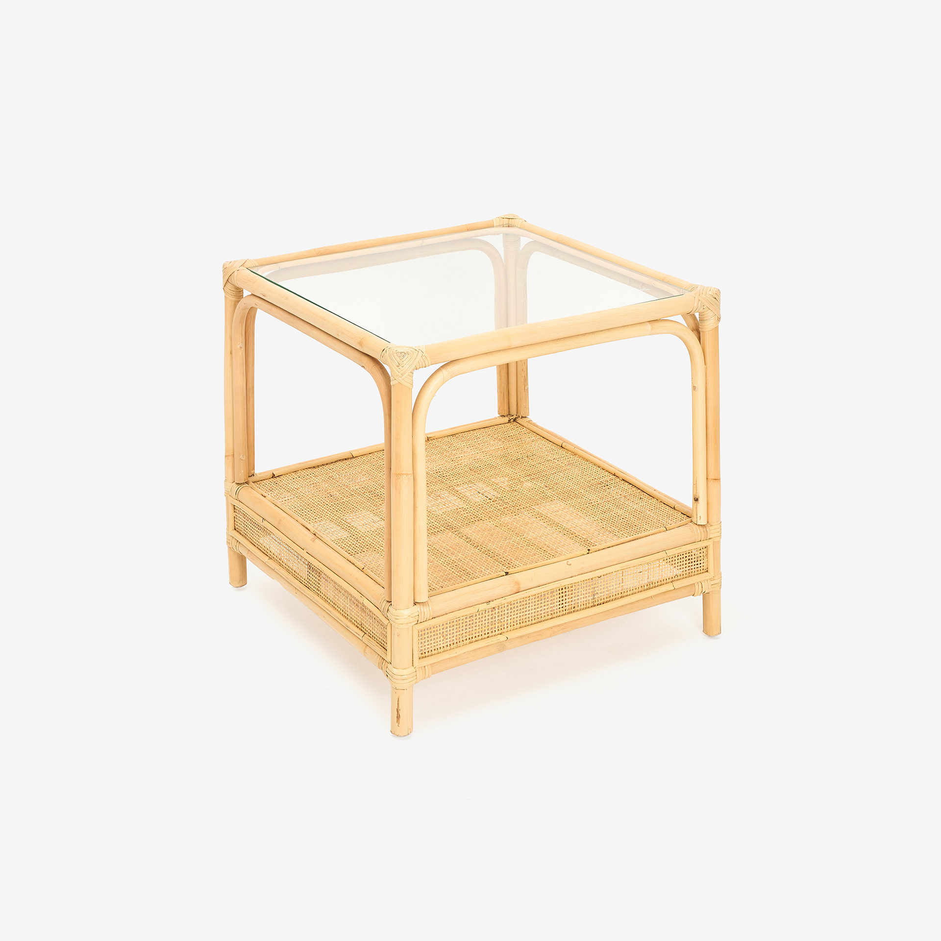 Mesa auxiliar de ratán y cristal Corvo 55x55x50cm